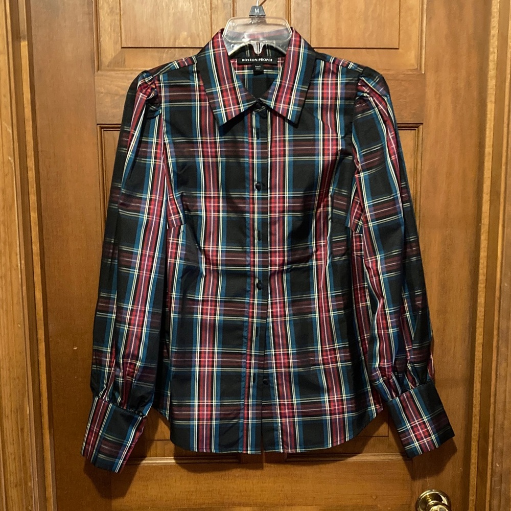 Boston Proper Tartan Plaid Holiday Blouse